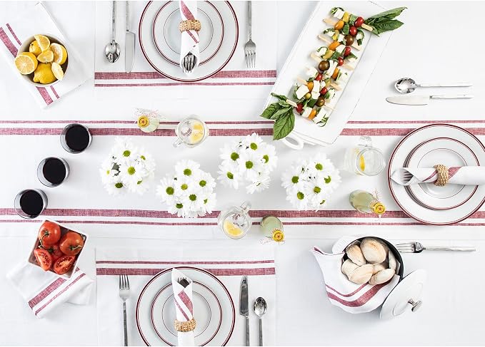 Solino Home 100% Linen Table Runner, 14 x 120 in, Burgundy and White Stripe | French Stripe, a graceful centrepiece for dining and gatherings, European flax fibres, machine washable, OEKO-TEX Certified