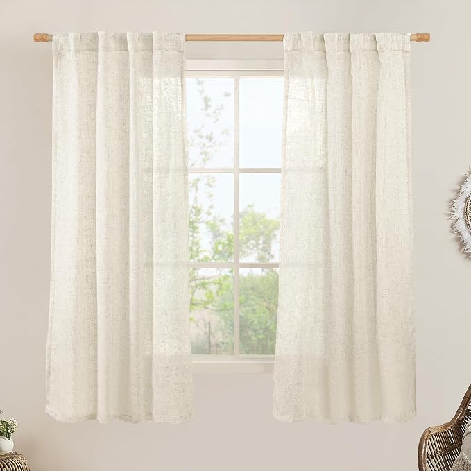 63 Inch Semi Sheer Linen Curtains for Bedroom Living Room, 2 Panels | Light Filtering Panels, Linen Textured, Neutral Drapes for Small Windows, Rod Pocket Back Tab, Natural, 34 x 63 Inch