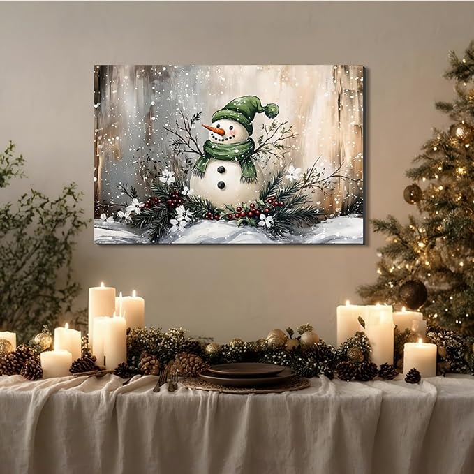 Vintage Christmas Snowman Canvas Art 20x30inch, Festive Wall Art with Snowmen in Winter Scene Paintings, Framed Winter Wonderland Decorations, Perfect for Christmas Room Decor