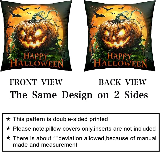 Halloween Pillow Covers Jack-O'-Lantern Outdoor Pillow Cases Spooky Pumpkin Throw Pillow Covers 16x16 Set of 2 Full Moon Bat Cushion Cases for Home Living Room Patio Porch