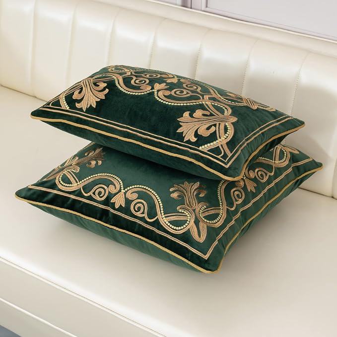 Aeckself European Floral Pillow Cover 24x24 Inch, Large Luxury Velvet Embroidered Decorative Throw Pillow Cover for Couch Bedroom Living Room, Dark Emerald Green and Gold, OBYG-Teal6060