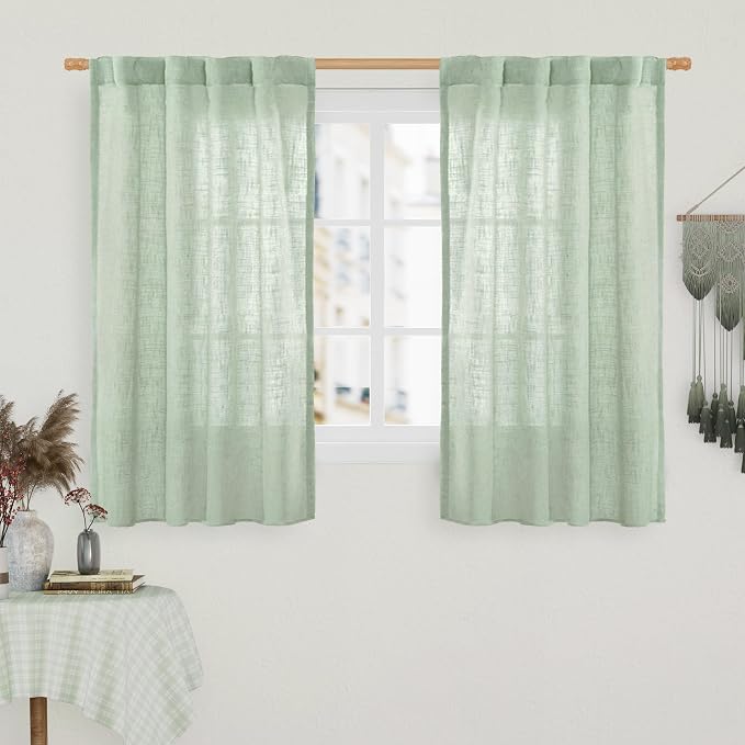 Fresh Green Linen Curtains 45 Inch Length for Bedroom 2 Panels | Semi Sheer, Light Filtering Panels, Rod Pocket Back Tab, Country Decor Drapes for Kitchen, Window, Loft Room, 34 x 45 Inch
