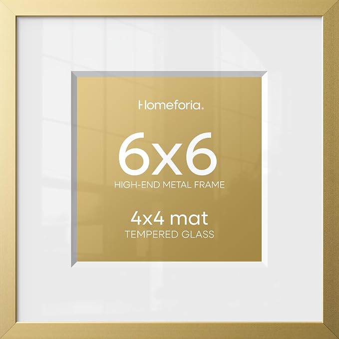 Homeforia 6x6 Gold Picture Frame, High-End Metal, 4x4 Mat, Glass