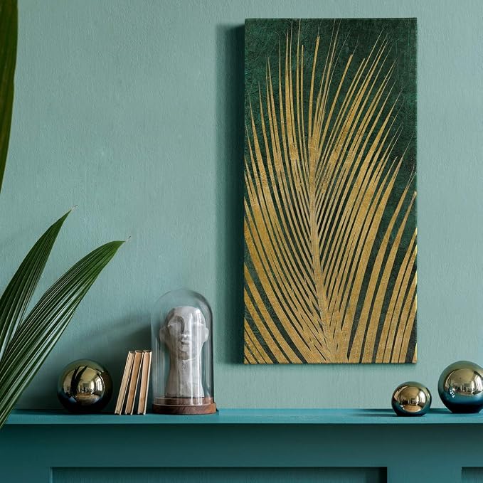 Renditions Gallery Canvas Nature Wall Art Home Paintings & Prints Glittering Golden Palm Modern Romantic Botanical Glam Artwork Decorations for Office Bedroom Kitchen - 8"x16" LT43