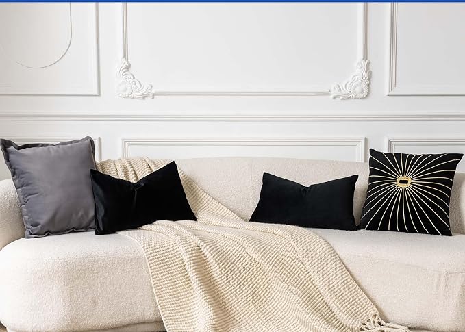 12x20 Lumbar Velvet Throw Pillow Covers Set of 2 for Couch Sofa Bed,Black