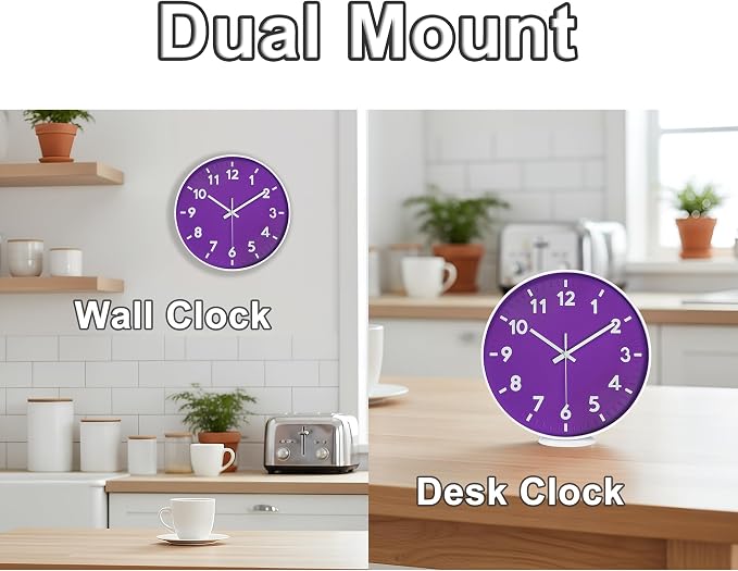 JENLYSTIME 12 Inch Modern Indoor Outdoor Clock,Round Bright Colorful Dial,Non Ticking Silent Quartz Battery Operated Wall Clocks,Easy to Read Simple Style Decor Clock for Bedroom,Kitchen(Purple)