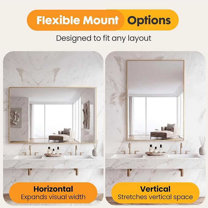 Sweetcrispy Bathroom Mirror, 30" x 40" Rectangle Wall Mount Mirrors | Modern Vanity Mirror with Tempered Glass, Metal Frame, for Home Decor, Anti-Rust, Gold