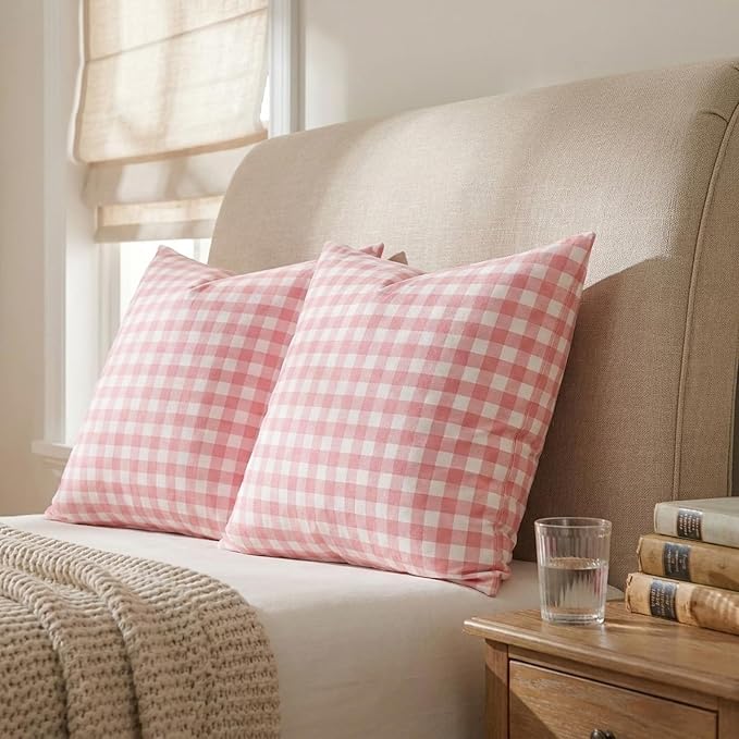 Cute Pink And White Gingham Plaid Pillow Covers 18x18 Set of 2, Light Pink Living Room Decor Throw Pillows For Bed Couch, Farmhouse Outdoor Square Cushion Covers 18 x 18 (No Pillow Inserts)