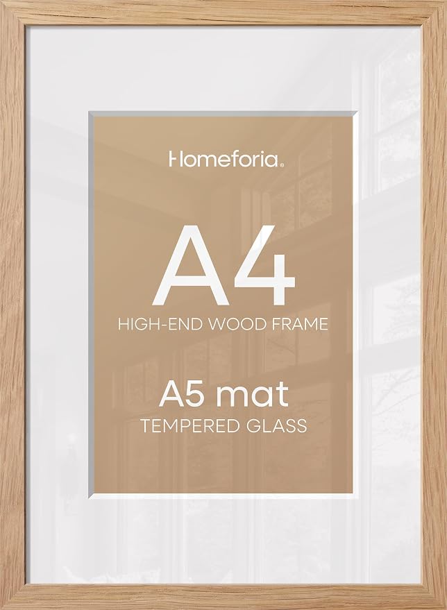 Homeforia A4 Natural Oak Picture Frame, High-End Wood, A5 Mat, Glass