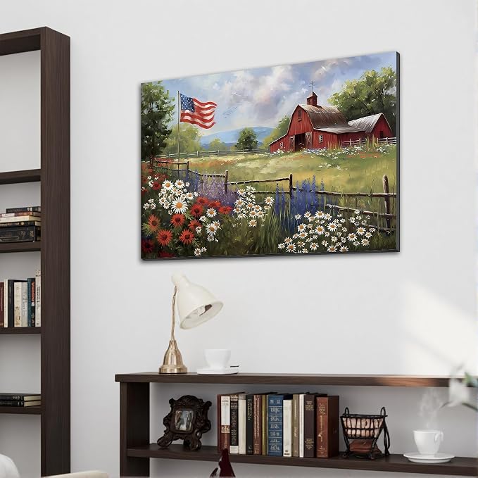 Framed Rustic American Flag Red Barn Wall Art, Patriotic Farmhouse Canvas Art Pictures, USA Flag Wall Decor for Living Room Kitchen Entryway, Ready to Hang Made in USA