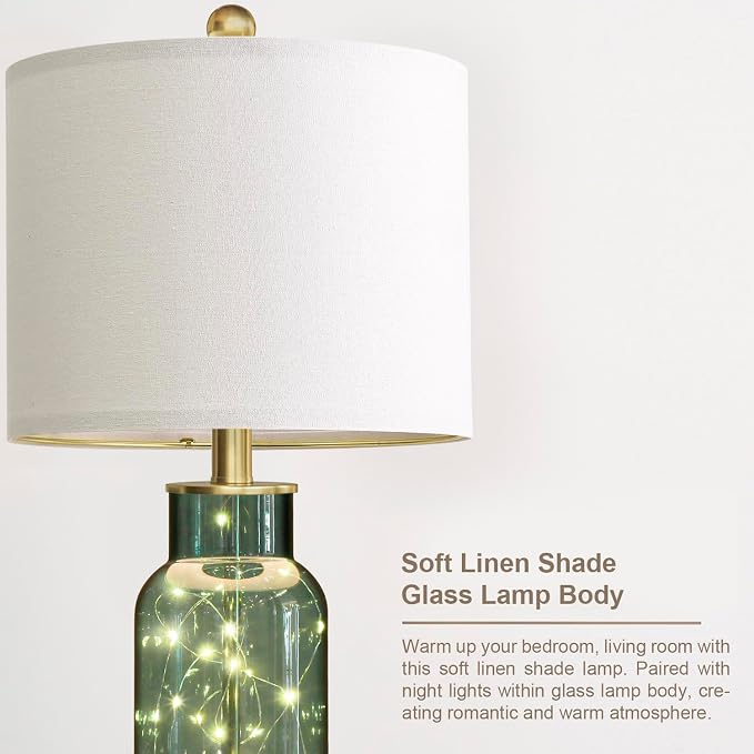 Oneach 22" Glass Table Lamps Set of 2 with Night Light for Bedroom, Green