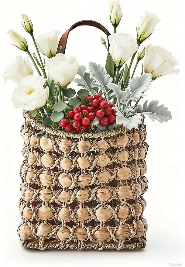 Handwoven Hanging Basket for Wall Baskets-Water Hyacinth Hanging Basket for Front Door, Wall/Door Baskets for Organizing, Storage, Flowers Décor (Water Hyacinth-02)
