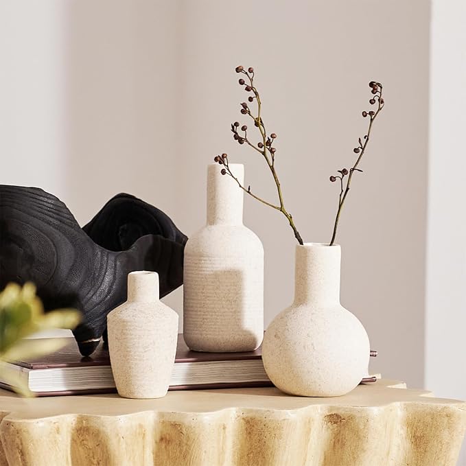 DN DECONATION Flower Vase Set of 3, Small Boho Vases for Table Home Decor | Rustic Farmhouse, Ceramic Vase for Pampas Grass, Dried Fresh Flowers, Modern Decorative Vases for Living Room, Bedroom, Shelf