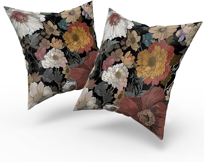 Giwawa Black Boho Flower Pillow Covers 18x18in Set of 2 Rustic Chic Floral Decorative Cotton Pillow Cases Vintage Botanical Plant Throw Cushion Covers for Sofa Couch Patio Indoor Outdoor