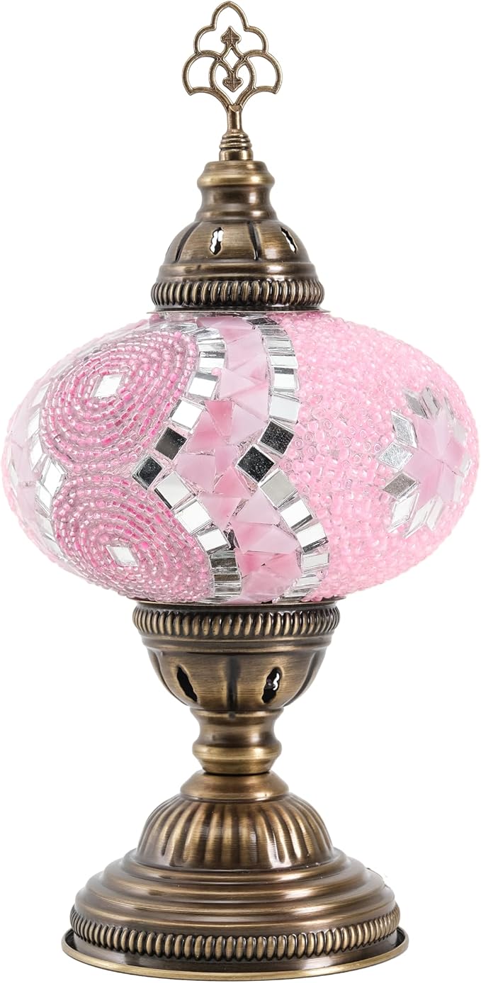 Turkish Mosaic Table Lamp with Bulb – Handmade Pink Stained Glass Light, Vintage Bohemian Decorative Bedside Lamp with US Plug & E12 Socket