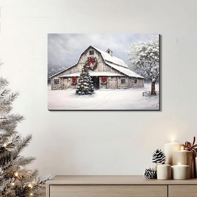 Framed Christmas Wall Art 12x18inch, Farmhouse Barn Pictures Wall Decor Winter snow Scene Canvas Painting Print Home Artwork Decorations for Bathroom Living Room Bedroom