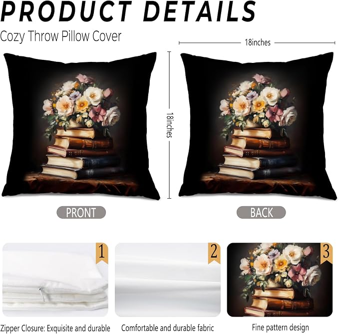 Vintage Floral Book Pillow Covers 18x18, Reading Nook Corner Decor, Gifts for Book Lovers Readers, Dark Academia Wildflower Bookish Decorative Throw Pillow Covers for Library Book Nook Room