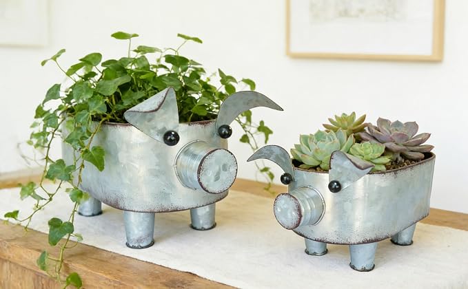ShabbyDecor Galvanized Metal Rectangular Pig Tray Set of 2, Big and Small