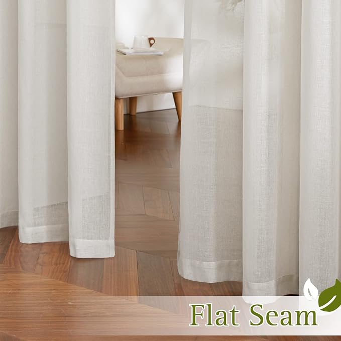 NICETOWN Bedroom Curtains Linen Blend 90 inches Long, Grommet Privacy Semi Sheer Curtains Privacy Window Treatments with Light Filtering for Bedroom, Natural, W36 x L90, 2 Panels