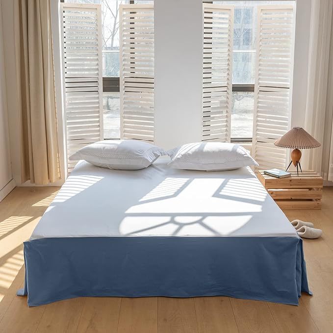 BISELINA French Linen Bed Skirt with Pleated Corner 22-Inch Tailored Drop Natural Flax Cotton Blend Basic Dust Ruffle Soft Cozy Farmhouse Bedding (22" King, Basic Navy Blue)