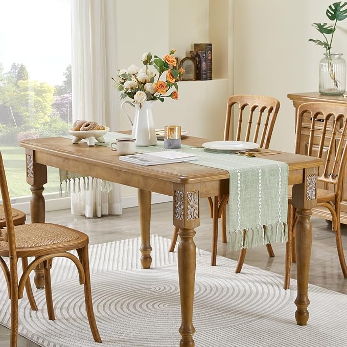 Wracra Rustic Linen Table Runner, Sage Green Table Runners 60 inches Long | Raised Embroidered Design and Hand-Tassels;Cotton Linen Woven Fabric; Farmhouse Table Runner;Home Kitchen Dining Decor