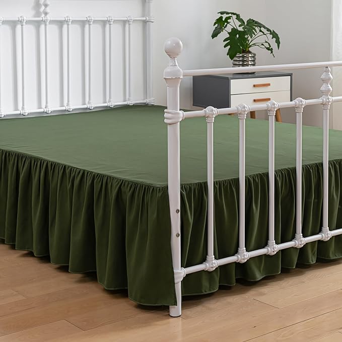 Bed Skirt Queen Size Ruffled Bed Skirt with Split Corners | 12 Inch Drop Dust Ruffle Bed Skirt with Platform, Green, 12" Queen