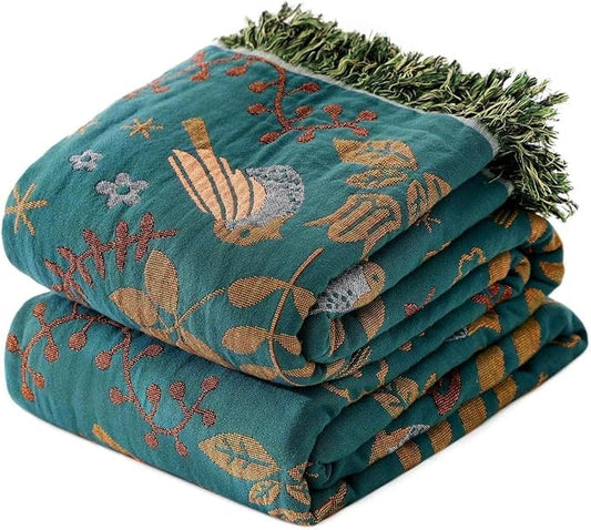 Boho Throw Blanket for Bed 100% Cotton Bohemian Blankets Ultra Soft Woven Muslin Decorative Blankets All Seasons Vintage Quilt Knitted Blanket for Sofa Chair(Blue, 50"x60")