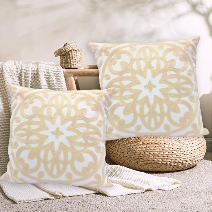 Alysheer Embroidered Decorative Throw Pillow Covers 18"x18" Set of 2 Pieces, Cozy Boho Mandala Knit Pattern, Durable 100% Cotton Canvas，Light Beige Cushion Cases for Sofa Couch Living Room (Ivory)