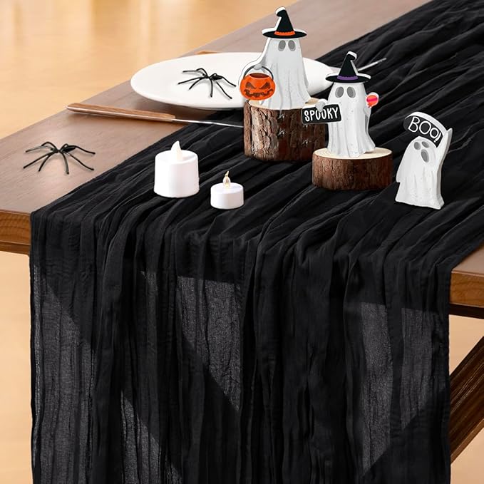 Black Table Runner Halloween Fall Cheesecloth Wedding Birthday Party Decor | Black 10pcs Rustic Gauze 10FT Cheese Cloth Sheer Farmhouse Dining Runner for Baby Shower Bridal Holiday Decorations