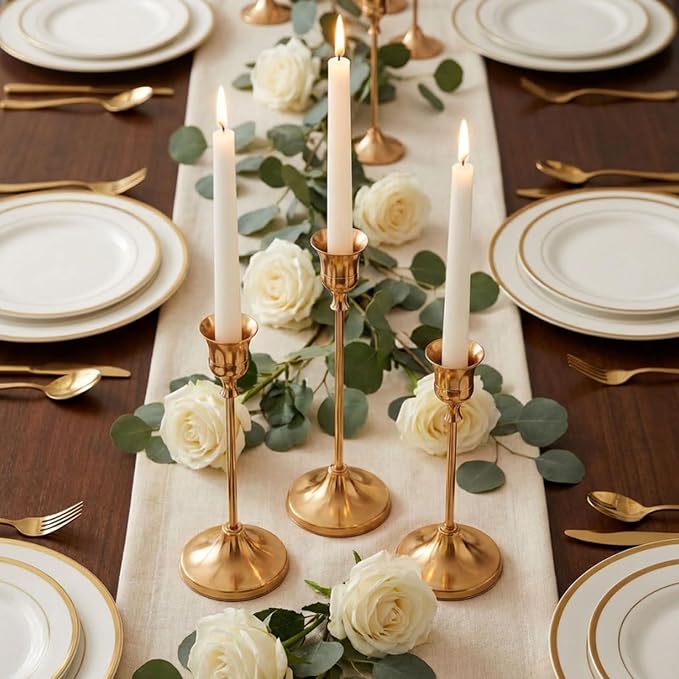 6 Sets Candle Holder Brass Gold Candlestick Holders - Vintage Modern Metal Taper Candle Holders, Decorative Centerpiece for Table Mantel, Wedding Kitchen Home Decor, Wedding Gift,18Pcs