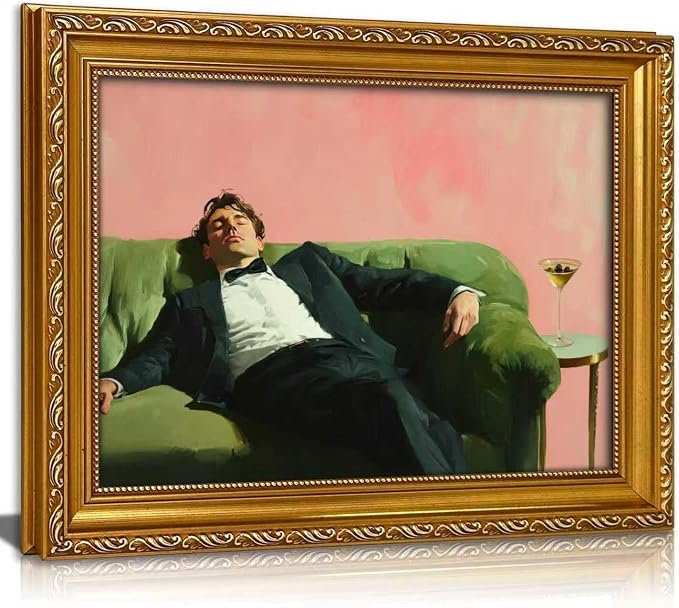 Vintage Gold Framed Bar Wall Art, Victorian Woman and Man on Couch with Martini Oil Painting Canvas Prints, Eclectic Cocktail Picture, Trendy Bar Cart Decor Poster Artwork for Kitchen Dining Room