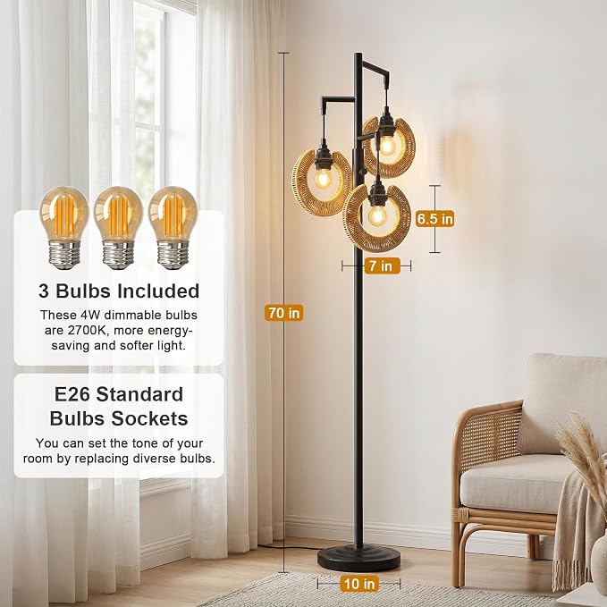 OYEARS 70" Boho Floor Lamps for Living Room, Stepless Dimmable Rattan Floor Lamp, Farmhouse Tall Lamps for Bedroom, Standing Tree Lamp for Office, Nursery, Rotary Switch, 3 LED Bulbs Included, Black