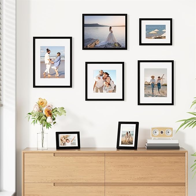 Vittanly 11x14 Picture Frames Set of 9 for Wall Mounting, Black | Display Pictures 8x10 with Mat or 11x14 without Mat, Engineered Wood with Shatter Resistant Plexiglass, Gallery Photo Frames