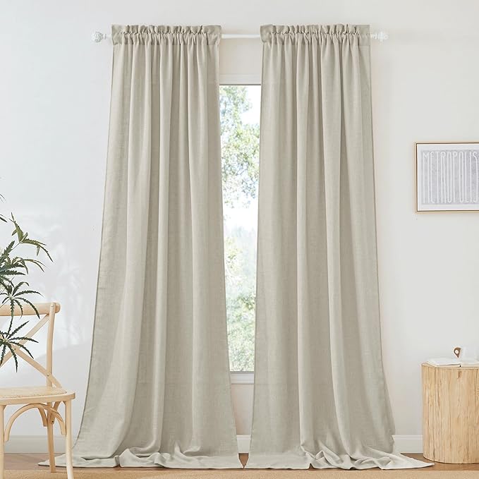 RYB HOME Flax Linen Textured Curtains Semi Sheer Curtains & Drapes Tightly Woven UV Rays Protected Drapery for Room Divider, Party, Lobby Sliding Door, 52 Wide by 120 inch Long, 2 Panels Set, Angora