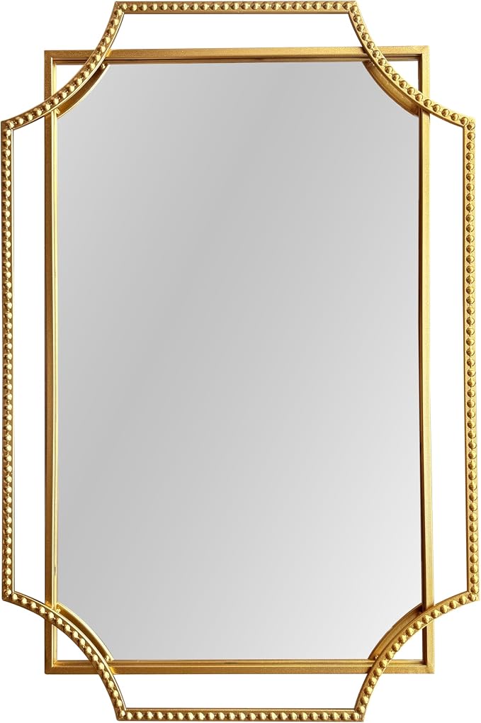 Gold Bathroom Mirror with Metal Frame 24"x36" Antique Beaded Decorative Wall Vanity Mirror Rectangle Polished Beveled Mirrors for Bedroom Entryway Fireplace