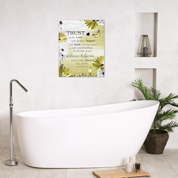 LB Yellow Floral Wall Art for Bathroom Bible Verse on Vintage Grey Wood Canvas Wall Art Wall Paintings Home Decor Wildflower Wall Pictures for Living Room Bedroom Office Ready To Hang, 8x10 Inch