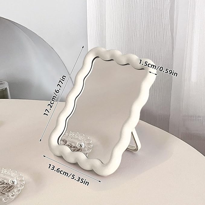 Wave Table Desk Vanity Makeup Mirror Small Make Up Office Mirror White | Desk Decor,Cute Mirror,Cute Desk Accessories,Mini Mirror,for Standing Hanging,6.7X5.3Inch,Home Decor