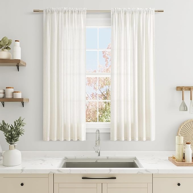 Linen Short Curtains 54 Inches Long for Living Room Natural Cream Semi Sheer Curtain Rod Pocket 2 Panels Set Boho Farmhouse Light Filtering Window Drapes for Bedroom Beige Ivory 38x54