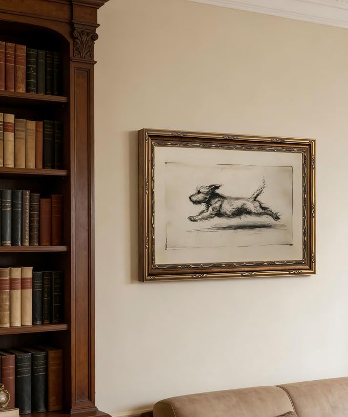 Vintage Gold Framed Running Dog Antique Terrier Sketch Wall Art 16x24in