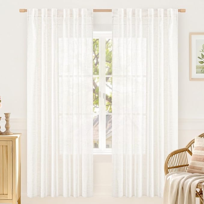 Cream Ivory Semi Sheer Linen Curtains for Living Room, 52 x 78 Inch | Light Filtering, Neutral Boho Drapes for Bedroom, Back Tab Rod Pocket, Panels for Farmhouse, 78 Inch Length, 2 Panels Set