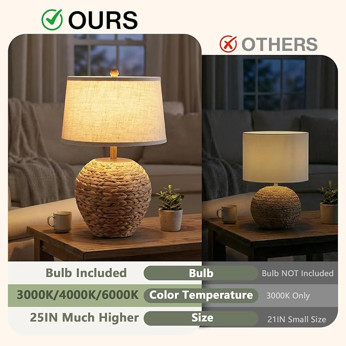 TOBUSA 25’’ Rattan Table Lamp for Living Room, Coastal Boho Wicker Lamp with 3 Color Temperatures, Farmhouse Rustic Seagrass Woven Basket Lamp for Bedroom Nightstand End Table Cottage, Bulb Included