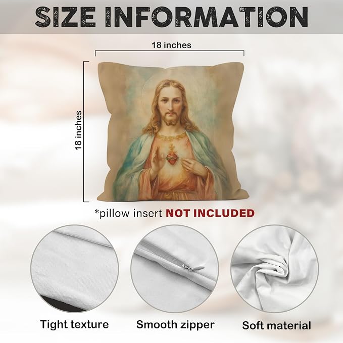 Christian Sacred Heart of Jesus Throw Pillow Covers Gifts 18x18, Vintage Religious Decor Pillow Cases for Bedroom Living Room, Jesus Decorative Square Pillowcases for Couch Bed Sofa