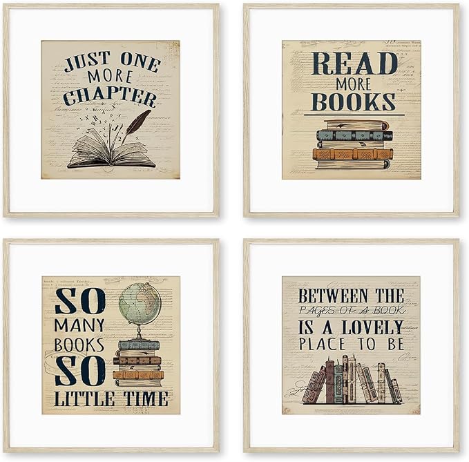 PLKMN Reading Posters for Library 10x10,Book Club Decorations,Library Decor | Book Lovers Gifts,Retro Vintage Wall Art for Reading Room Classroom Nursery,Set of 4 Unframed