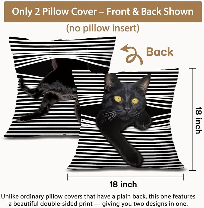 Funny Moody Black Cat Pillow Covers Covers18x18 - Set of 2, Cat Room Decor, Whimsical Kitten Striped Decorative Throw Pillow Covers Pillowcases for Bedroom Living Room Home Decor