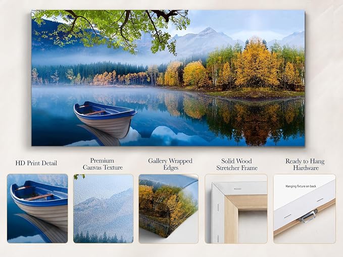 Arjun Lake Canvas Wall Art Landscape Blue Boat Painting Framed Large 40x20 | Wall Art for Living Room Picture Bedroom Nature Mountain Artwork Modern Nature Scenery Home Office Dining Room Wall Decor