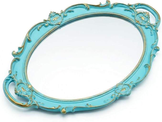 Oval Vintage Decorative Mirror Tray, Jewelry Dresser Organizer Tray, Cosmetics Makeup Storage Organizer, Serving Tray (9.8”x 14.6”) Blue