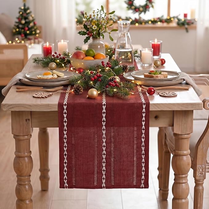 Artoid Mode Red Rustic Cotton Linen Christmas Table Runner, Seasonal Embroidered Hollow Kitchen Dining Table Decoration for Home Party Decor 13x36 Inch