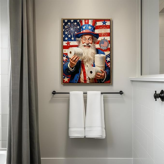 American Flag Framed Canvas Wall Art, 4th of July Patriotic Canvas Prints | Humorous Uncle Sam Toilet Paper Poster Print, Independence Day Wall Decor for Bedroom Bathroom Living Room 24×36in