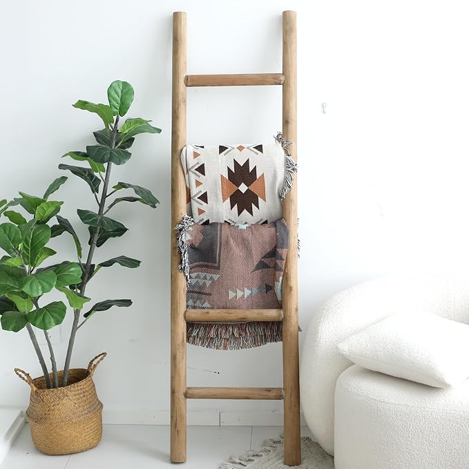 FUIN Blanket Ladder, 57in Rustic Solid Wood Decorative Ladder, Brown | Farmhouse living room accent, Layered blanket towel quilt display, Visible wood grain, Bathroom and Bedroom use