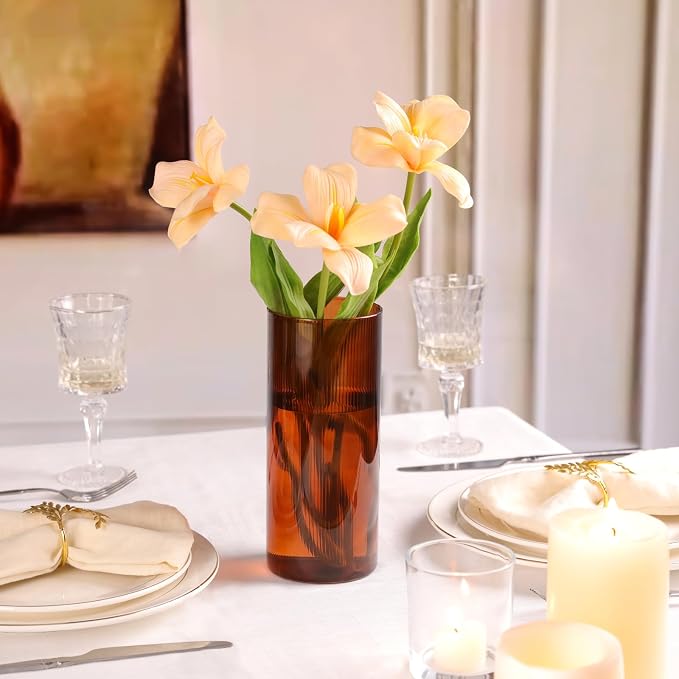 Amber Cylinder Vases, 8 Inch Tall, Amber Ribbed | Flower Vases Hurricane Floating Candle Holder, For Halloween & Fall Table Decor, Floating Candle Glass Vase